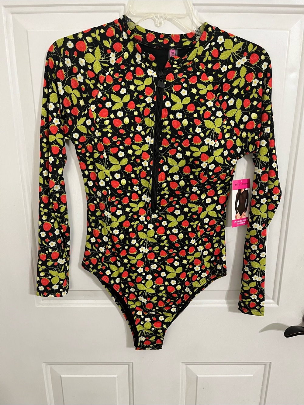 Betsey Johnson Black Strawberry Print Long Sleeve One-Piece Swimsuit